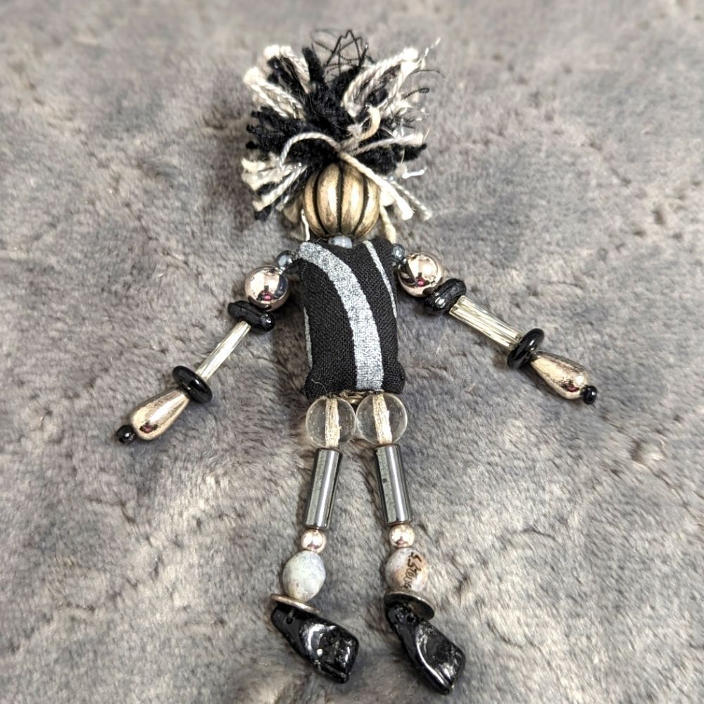 Vintage Artisan Made Rag Doll Brooche w/ Glass and Silver Beads - Picture 2 of 7